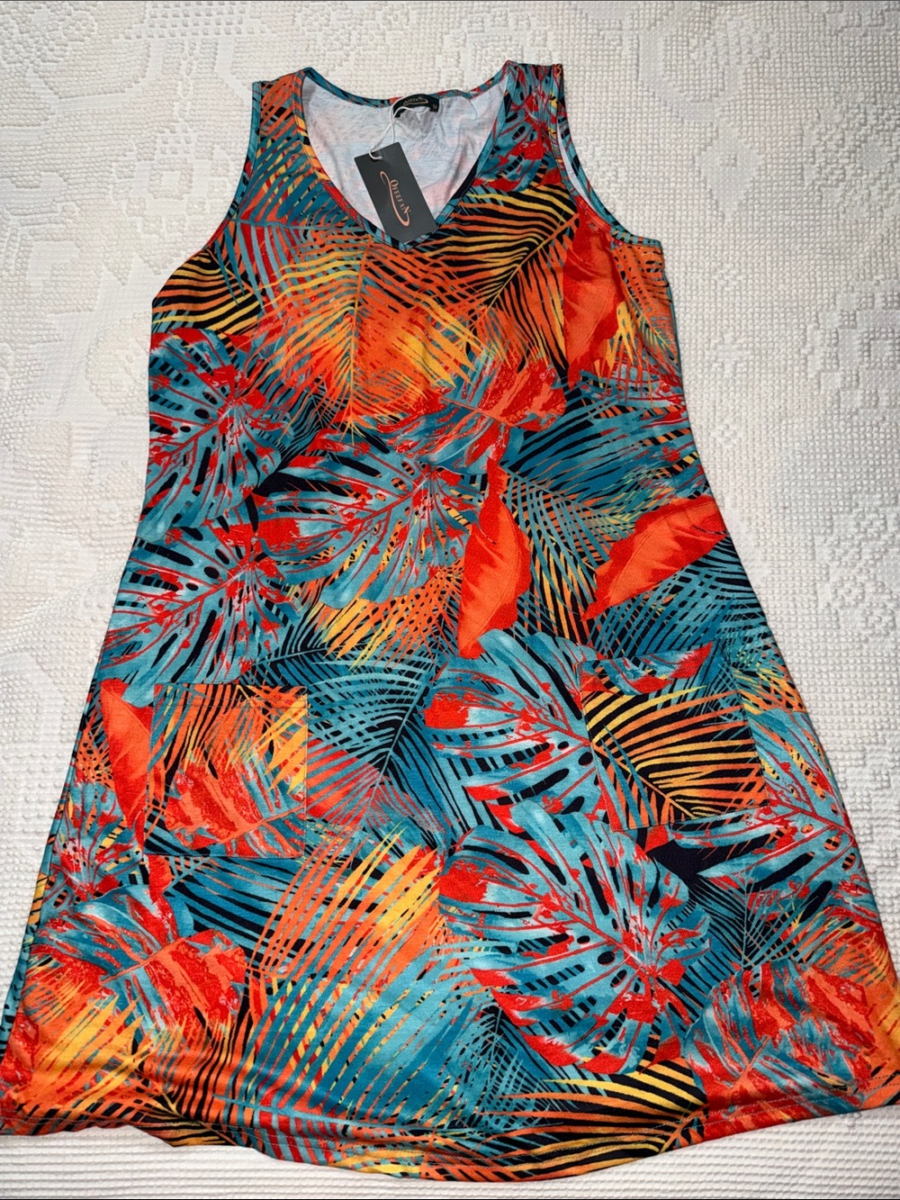 Ofeefan V-Neck Orange Tropical dress with pockets, swimsuit cover, beach vibes M